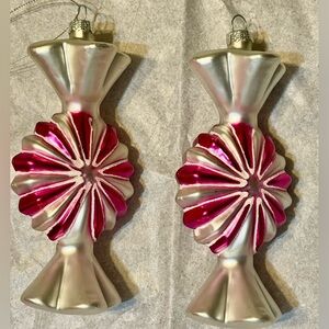 Glitter Pink & Silver Glass Candy Christmas Ornaments (2)